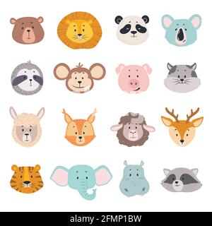 Facce animali. Cute testa di doodle di orso, leone e panda, scimmia e maiale, tigre. Elefante, gatto e cervo, behemoth vettore cartoon personaggi. Safari e selvaggina foresta adorabili animali cartoni animati Illustrazione Vettoriale