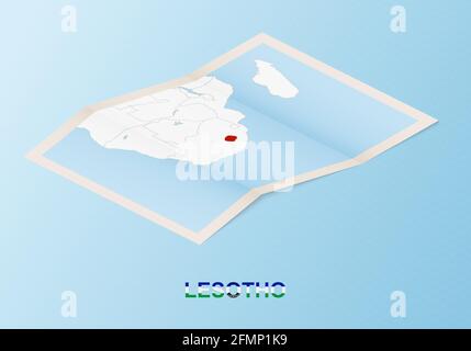 Mappa su carta piegata del Lesotho con i paesi vicini in stile isometrico su sfondo vettoriale blu. Illustrazione Vettoriale