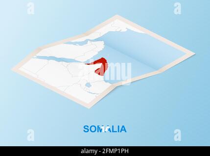 Mappa su carta piegata della Somalia con i paesi vicini in stile isometrico su sfondo vettoriale blu. Illustrazione Vettoriale