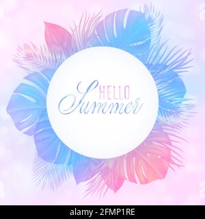 Estate tropicale design con varie foglie verdi e iscrizione Ciao Estate. Illustrazione dell'impianto vettoriale Illustrazione Vettoriale