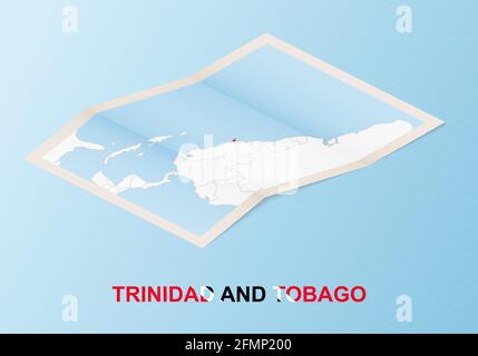 Mappa su carta piegata di Trinidad e Tobago con i paesi vicini in stile isometrico su sfondo vettoriale blu. Illustrazione Vettoriale