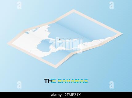 Mappa su carta piegata delle Bahamas con paesi vicini in stile isometrico su sfondo vettoriale blu. Illustrazione Vettoriale