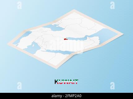 Mappa su carta piegata del Kuwait con i paesi vicini in stile isometrico su sfondo vettoriale blu. Illustrazione Vettoriale