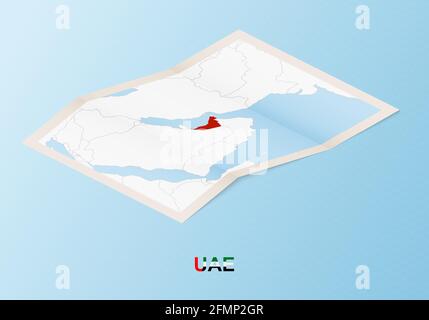 Mappa su carta piegata degli Emirati Arabi Uniti con i paesi vicini in stile isometrico su sfondo vettoriale blu. Illustrazione Vettoriale