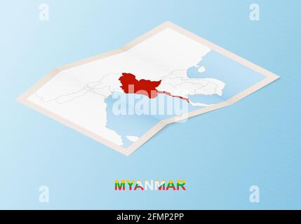 Mappa su carta piegata del Myanmar con i paesi vicini in stile isometrico su sfondo vettoriale blu. Illustrazione Vettoriale