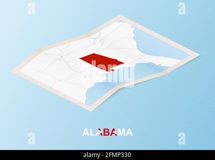 Mappa su carta piegata dell'Alabama con i paesi vicini in stile isometrico su sfondo vettoriale blu. Illustrazione Vettoriale