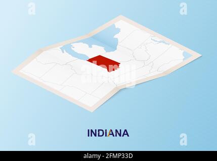 Mappa su carta piegata dell'Indiana con i paesi vicini in stile isometrico su sfondo vettoriale blu. Illustrazione Vettoriale