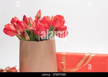 Bellissimi tulipani rossi in una borsa regalo e confezioni regalo. Congratulazioni foto buon compleanno, 8 marzo, Festa della mamma. Posizione per lo spazio di copia del testo Foto Stock