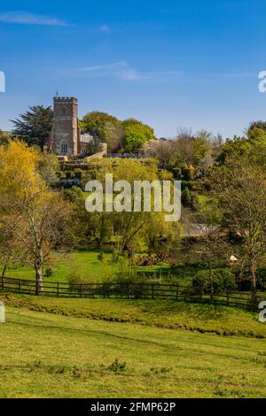 Una vista attraverso i campi per la chiesa di San Nicola a Abbotsbury Village, Dorset, Inghilterra Foto Stock