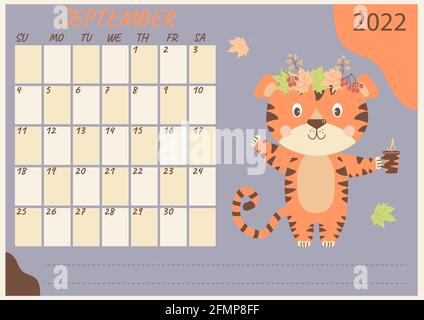 Calendario dei pianificatore per settembre 2022. Carino tigre in corona di foglie d'autunno e una tazza nella sua zampa. Anno della Tigre in cinese o orientale. Vettore. Hor Illustrazione Vettoriale