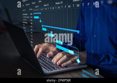 Project manager che lavora sul grafico di Gantt per aggiornare il programma, le attività e i progressi delle fasi cardine per il team. Schema di gestione sullo schermo del computer con Foto Stock