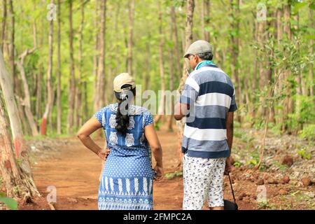 Vista posteriore di una coppia di mezza età (40-45 anni) discutere di un argomento e guardarsi l'uno verso l'altro all'interno una foresta Foto Stock
