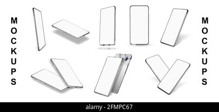 Mokup di telefoni cellulari in stile realistico. Schermo bianco vuoto con angoli diversi. Gadget di raccolta 3D in frontale, isometrico, prospettico e ruotato Illustrazione Vettoriale