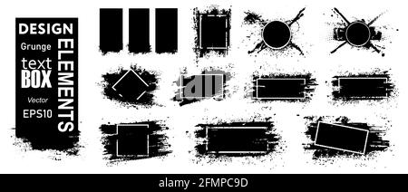Composizioni di grunge di vernice con telaio, scatole di testatura. Grunge nero con cornice per logo. Elementi di disegno sporchi, modello di casella di preventivo. Nero Illustrazione Vettoriale
