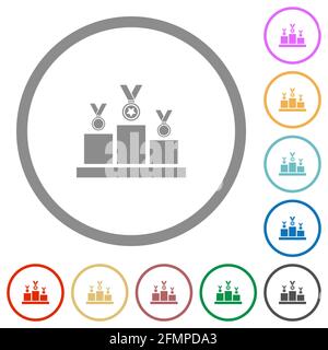 Podio vincitore con icone a colori piatti in contorni rotondi su sfondo bianco Illustrazione Vettoriale