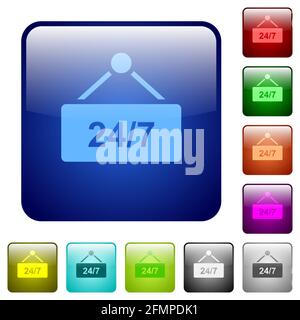tavolo appeso con 24h sette giorni alla settimana icone in set di pulsanti lucidi di colore quadrato arrotondato Illustrazione Vettoriale