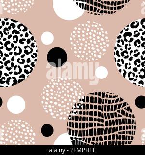 Astratto moderno leopardo modello senza giunture con cerchi. Animali sfondo alla moda. Illustrazione vettoriale decorativa in nero e beige per stampa, cartoncino Illustrazione Vettoriale