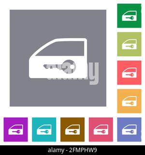 Icone piatte della serratura della porta dell'auto su sfondi quadrati di colore semplice Illustrazione Vettoriale