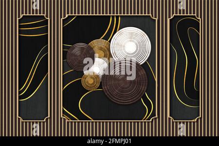 3d astratto murale art wallpaper . cerchi e linee dorate su sfondo nero . Foto Stock
