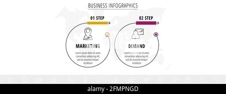 Infografiche vettoriali due cerchi con frecce. Concetto di business di linea di 2 fasi, opzioni. Modello infografico per diagrammi, Web, banner, presentazioni Illustrazione Vettoriale