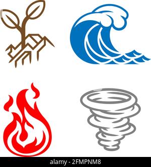 Quattro elementi terra Acqua Aria Fuoco icona impostare Illustrazione Vettoriale