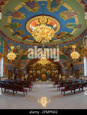 Interno della colorata Annunciazione bizantina Chiesa cattolica in Omero Glen, Illinois Foto Stock