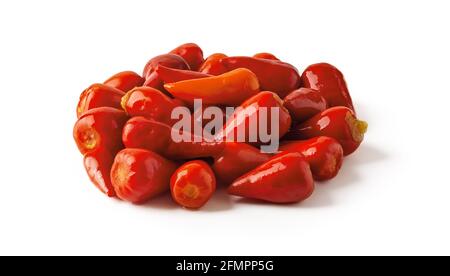 Un mucchio di peperoni rossi caldi decapati isolati su sfondo bianco. Peperoncino fermentato cialde closeup. Antipasti e condimenti di verdure marinate Foto Stock