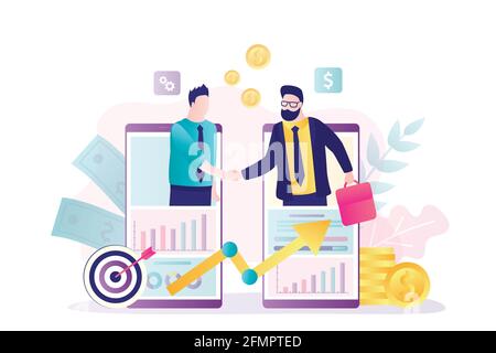 I partner commerciali fanno affari. Connessione B2B, tecnologia mobile. Negoziati riusciti, handshake degli imprenditori. Accordo, collaborazione e lavoro di squadra Illustrazione Vettoriale