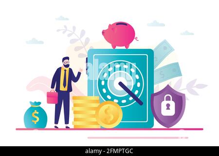 Protezione affidabile delle finanze e dei depositi. Identificazione delle impronte digitali. Acciaio sicuro e uomo d'affari con soldi. Cassetta di sicurezza, banca piggy e di sicurezza sh Illustrazione Vettoriale