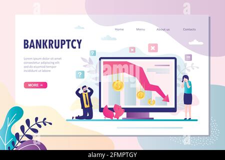 Modello pagina di destinazione fallimento. Frustrato investitore imprenditore inginocchiato. Problemi economici, crisi globale e svalutazione. Uomini d'affari infelici. Illustrazione Vettoriale
