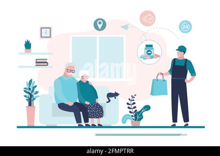 Gli anziani soggiornano a casa. Consegna gratuita dei farmaci. Online farmacia, consegna uomo tenere borsa con farmaci. Nonni seduti sul divano. Interno Illustrazione Vettoriale
