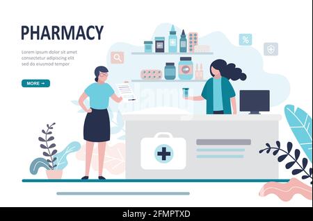 Medico farmacista e paziente in farmacia. Cliente di carattere femminile che acquista farmaci in farmacia. Concetto di sanità e shopping. Pagina di destinazione, Web Illustrazione Vettoriale