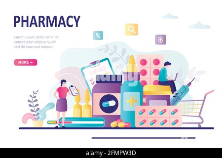 Uomo e donna che acquistano farmaci. Progettazione online del sito di farmacia. Sanità, concetto di farmacia. Diversi farmaci da collezione, pillole e bottiglie. Business c Illustrazione Vettoriale