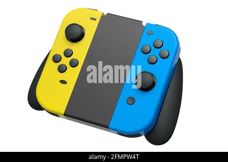 Controller portatili per videogiochi collegati al touch screen su bianco sfondo Foto Stock