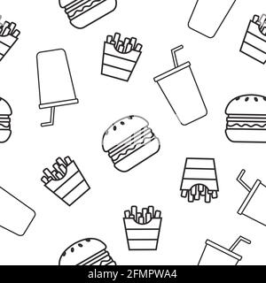 Hamburger, patatine fritte e soda. Modello vettoriale senza giunture o sfondo con cibo Illustrazione Vettoriale