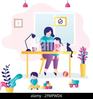 Lavoro remoto. Donna sul posto di lavoro con bambini. La mamma non può lavorare in modo produttivo, i bambini interferiscono con la concentrazione. Concetto di multitasking. Interno della camera Illustrazione Vettoriale