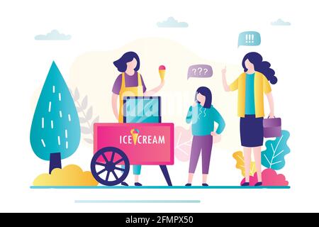 Madre e figlia comprano il gelato . Venditore che vende dessert per la gente. Piccola impresa locale, commercio di Takeaway. Donna d'affari con carrello gelato w Illustrazione Vettoriale