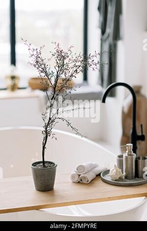 Moderno concetto di spa e bagno interno, decor rilassante. Pulire gli asciugamani. Messa a fuoco selettiva morbida. Foto Stock