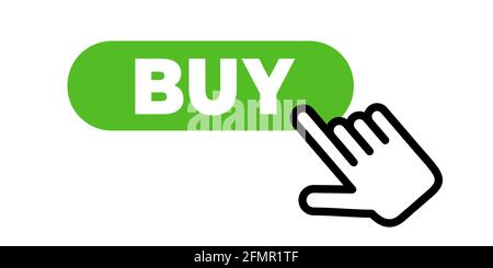 Mano e dito puntano e fanno clic sul pulsante Acquista. Acquisti e acquisti online su Internet. Illustrazione vettoriale isolata in bianco. Foto Stock