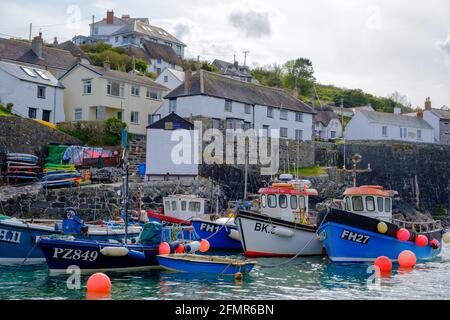 Barche da pesca Cornish a Coverack Harbour, Lizard, Cornovaglia, Inghilterra Foto Stock