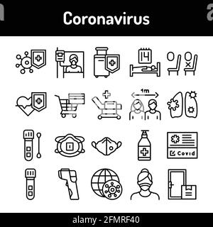 Set di icone delle linee di colori epidemiche di coronavirus. Pittogrammi per pagina Web, app mobile, promo. Elemento di progettazione GUI UI UX. Tratto modificabile. Illustrazione Vettoriale