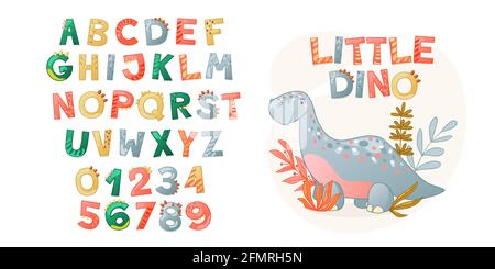 Cartoon cute Dinosaur alfabeto. Carattere Dino con lettere e numeri. Illustrazione vettoriale per i bambini per t-shirt, biglietti, poster, eventi di compleanno, disegno di carta, bambini e progettazione di vivai Illustrazione Vettoriale