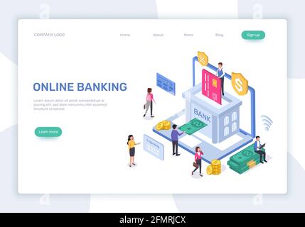 Pagina di destinazione online banking. concetto di gestione finanziaria online isometrica 3d. Pagamenti sicuri, modello web vettore di transazioni di denaro. Banca elettronica con dipendenti e clienti pagina web Illustrazione Vettoriale