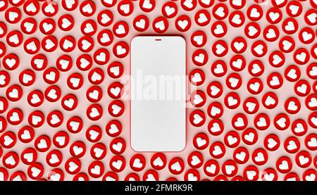 Rendering 3D di un telefono cellulare con molte icone simili intorno ad esso - concetto di social media Foto Stock