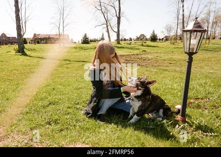 Giovane donna in occhiali da sole rossi gioca con i suoi corgi su un prato verde estivo. Giorno di sole. Buon animale domestico e proprietario Foto Stock