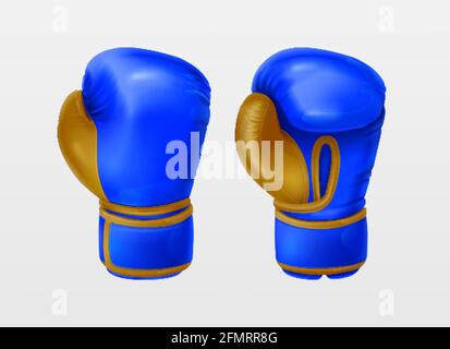 Guanti da boxe in pelle blu realistici. Attrezzature sportive per proteggere le mani nella prima lotta. Boxer sportswear per allenamenti di punch., shockproof sparring, combattimento o allenamento su borsa punzonatrice. Illustrazione Vettoriale