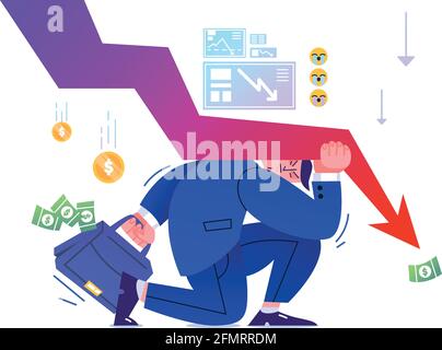 Crisi finanziaria, fallimento delle imprese, crollo dell'economia, fallimento del credito non pagato. Freccia giù pressione sull'azionista. Uomo piano resistere alla perdita di profitti. Problema di moneta economica globale, imprenditore depresso Illustrazione Vettoriale