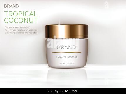 Sfondo vettoriale realistico cosmetico. Vaso bianco con coperchio dorato su sfondo bianco lucido. Banner promozionale mock-up con confezione per cosmetici premium, poster concept per prodotti di lusso Illustrazione Vettoriale