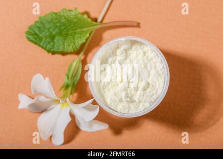 Polvere di gelatina reale essiccata su sfondo arancione. Primo piano. Vista dall'alto. Foto Stock