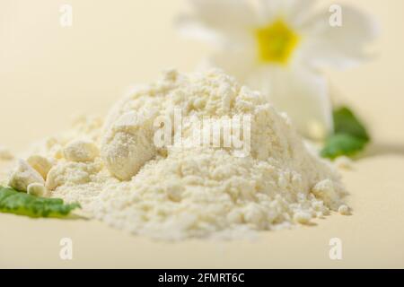 Polvere di gelatina reale essiccata su sfondo chiaro. Primo piano. Foto Stock